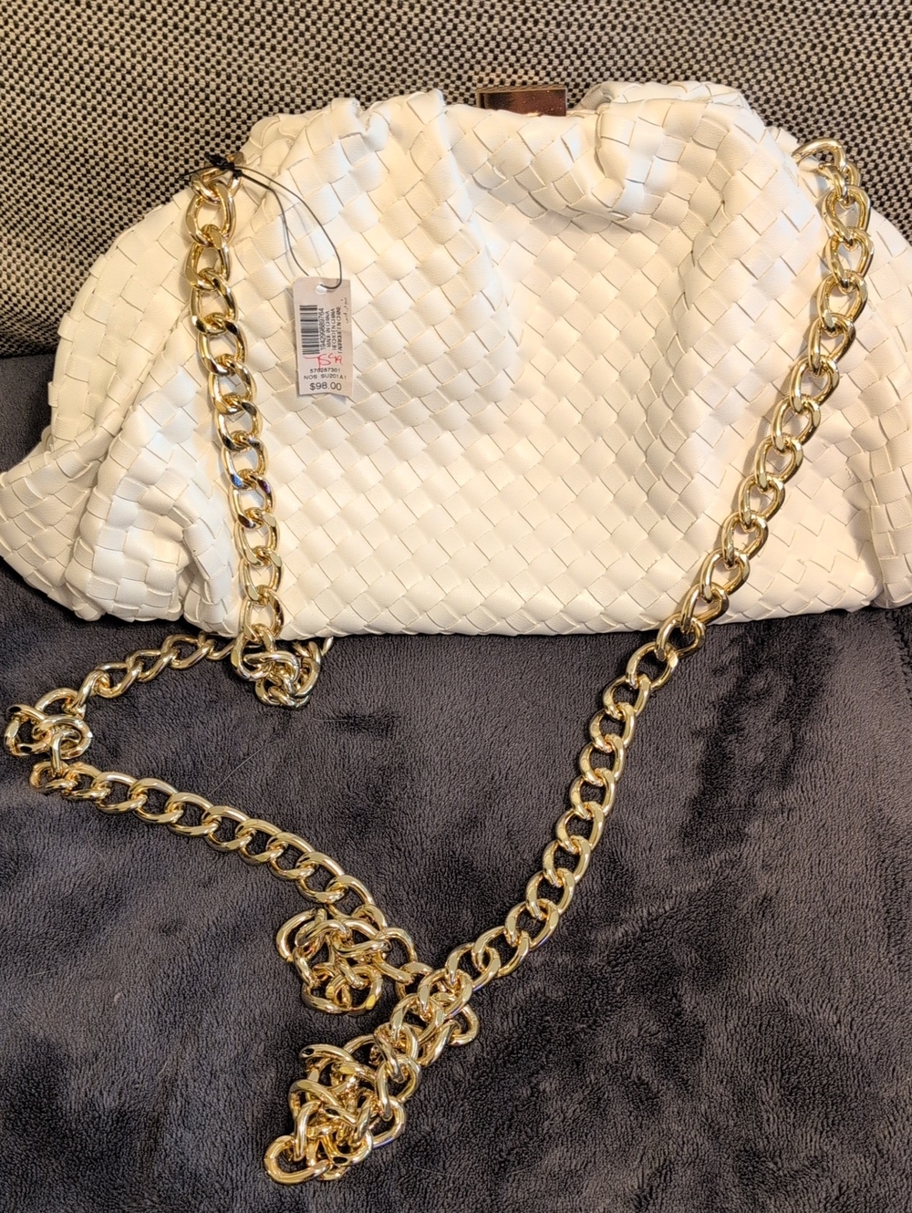 White House Black Market White Woven Shoulder Bag with Gold Chain